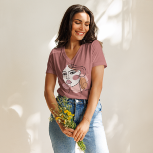 Women’s watercolor portrait relaxed v-neck t-shirt